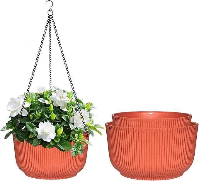 Hanging Planters for Indoor Plants, 3 Pack Plant Hanger Outdoor with Drainage Holes, Self Watering Hanging Basket Flower Pot for Garden Home Decor, 9/10/11 Inch, Orange by GreenHaven Gardens