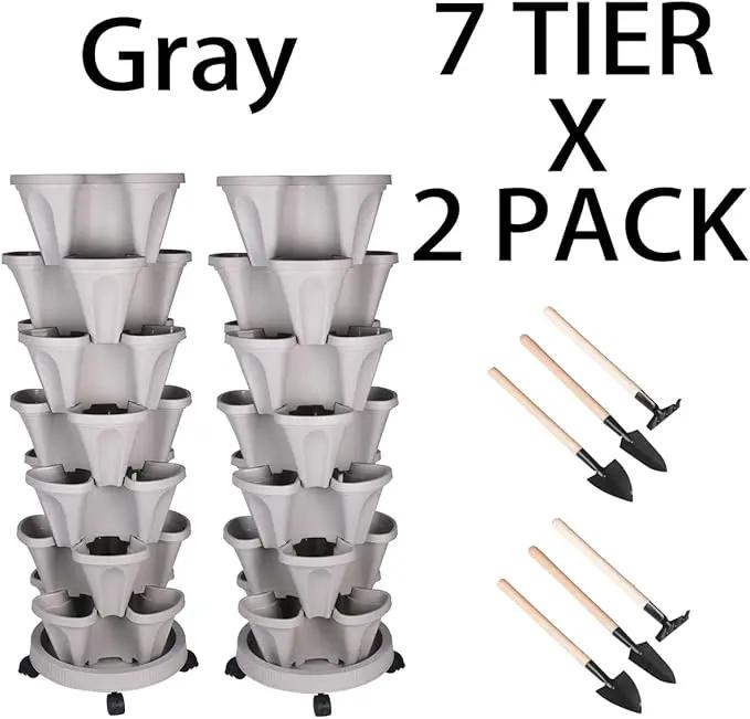 Vertical Planter 7 Tier Stackable Planters Garden Planters Strawberry Herb Flower and Vegetable Planter Indoor Outdoor Gardening Pots with Removable Wheels and Tools 2-Pack by GreenHaven Gardens