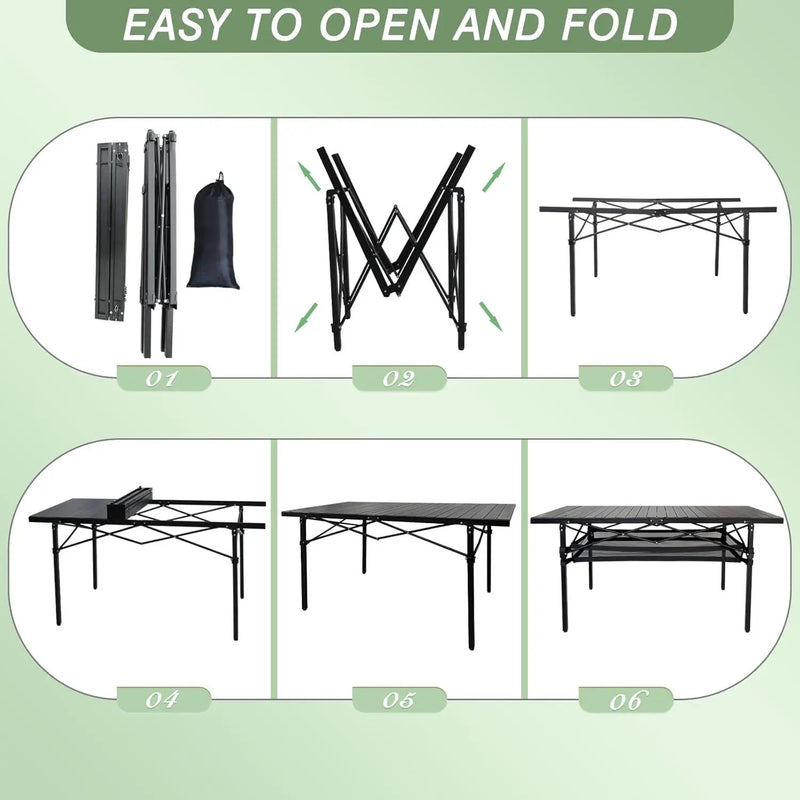 Large Folding Camping Table Aluminum with Storage for 4-6 People 55"X27.5" Roll Up Tall Outdoor Portable Table Lightweight with Carry Bag for Picnic BBQ Backyard Beach by GreenHaven Gardens