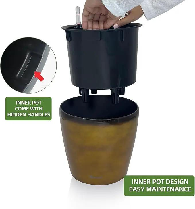 Dexceder 11x10 Inches Self Watering Planter Indoor Outdoor, Inner Pot Design, Thickened Table Flower Plant Pot with Water Level Indicator (Yellow Brown Gradient) by GreenHaven Gardens