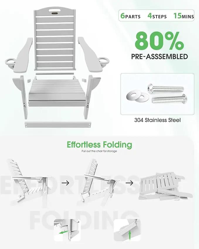 Folding Adirondack Chair HDPE All-Weather Adirondack Chairs with Cup Holder, Outdoor Fire Pit Chairs Lawn Chair for Deck Patio Garden (White) by GreenHaven Gardens