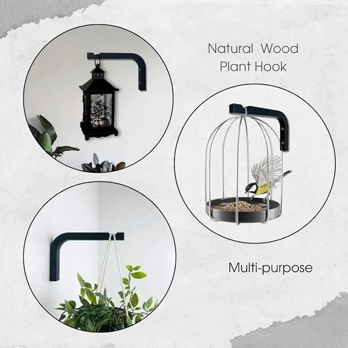2-Piece Set of Plant Hooks for Wall 6 inch - Mounted Wooden Plant Hook - Indoor and Outdoor Bracket Plant Hanger for Planters, Lanterns, Bird Feeders, Patio Decorations (Black) by GreenHaven Gardens