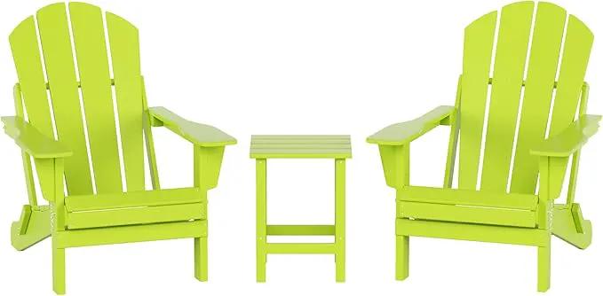 WO Home Furniture Adirondack Chairs Table Set of 3 PCS Outdoor Folding Chairs Side End Table Weather/UV Resistant for Lawn, Garden, Bon Fire, Balcony (Lime) by GreenHaven Gardens