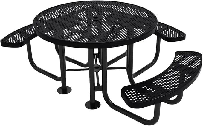 Heavy-Duty Portable Outdoor Picnic Table with Umbrella Hole, Punched Steel Patio Dining Furniture Made in America (46" Round Top, Black) by GreenHaven Gardens
