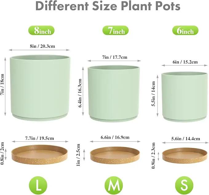 8/7/6 inch Plant Pots, 3 Pack Cylinder Flower Pots for Outdoor Indoor Plants, Decorative Plastic Planters with Drainage Holes and Saucers for Garden House Plants, Green with Brown by GreenHaven Gardens