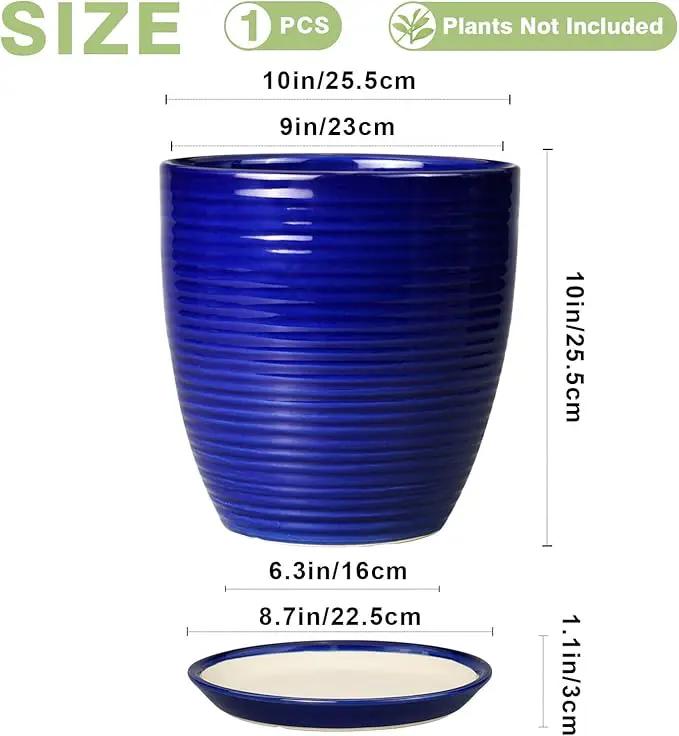 Ceramic Planter Pot - 10 Inch Plant Pot Indoor with Drainage Hole and Saucer Round Planter Large Modern Decorative Flower Pot Outdoor Garden Pot Blue by GreenHaven Gardens