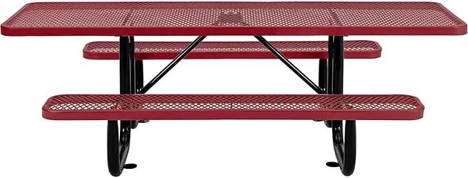 Global Industrial 8'L Rectangular Picnic Table, ADA Compliant, Expanded Metal, Red Thermoplastic Coating, Attached Benches, 1-1/2” Umbrella Pole Hole, Outdoor-Rated by GreenHaven Gardens
