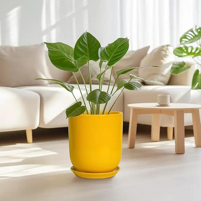 Ceramic Pot for Plants - 10 Inch Plant Pot Indoor with Drainage Hole and Saucer Large Planter for Outdoor Plants Cylinder Decorative Flower Pot Yellow by GreenHaven Gardens