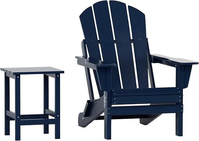 WO Home Furniture Adirondack Chair Table Set of 2 PCS Outdoor Folding Chair w Side Table Weather/UV Resistant for Lawn, Garden, Bon Fire, Balcony (Navy Blue) by GreenHaven Gardens