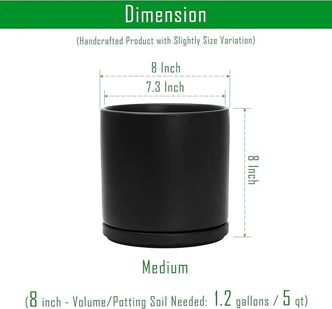 D'vine Dev 8 Inch Ceramic Planter Pot with Drainage Hole and Saucer, Indoor Cylinder Round Planter Pot, Black, 94-O-D-2 by GreenHaven Gardens
