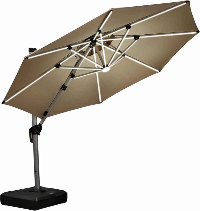 PURPLE LEAF 10ft Solar powered LED Patio Umbrella Outdoor Round Umbrellas Large Cantilever Umbrella with LED lights Windproof Offset Umbrellas Heavy Duty for Garden Deck Pool Patio, Beige by GreenHaven Gardens
