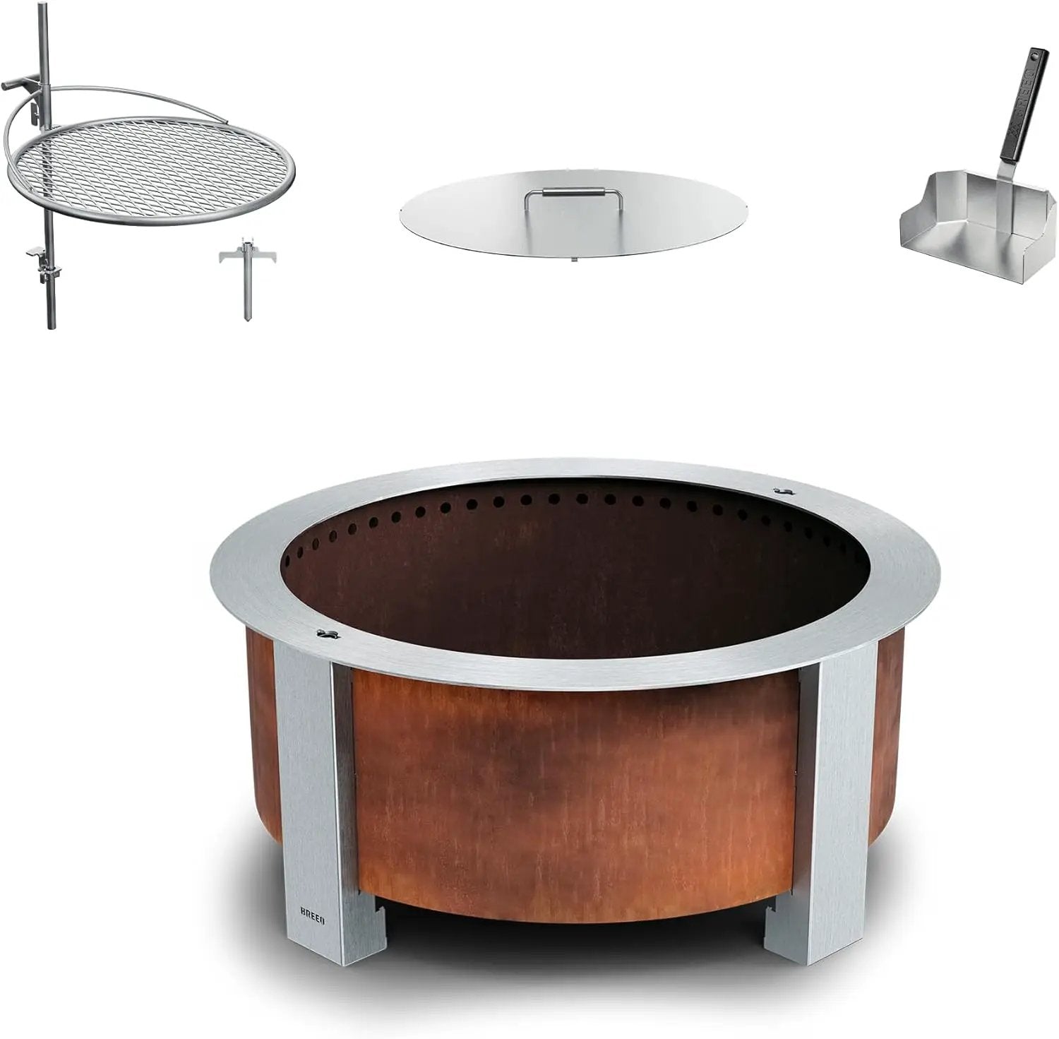 Breeo Smokeless Fire Pit Grilling Bundle (X Series 24 Corten Steel, Outpost Grill, Ash Shovel, & Lid) | 27.5 inch Smokeless Firepit for Outside | Ideal for Families by GreenHaven Gardens
