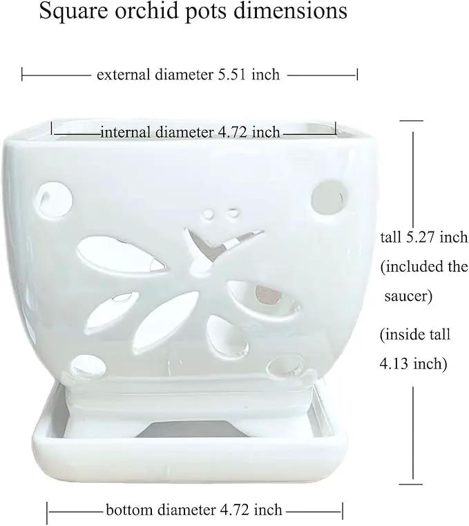 Orchid Pots with Holes Square Ceramic Orchid Planter Pots 5.5 inch (White) by GreenHaven Gardens