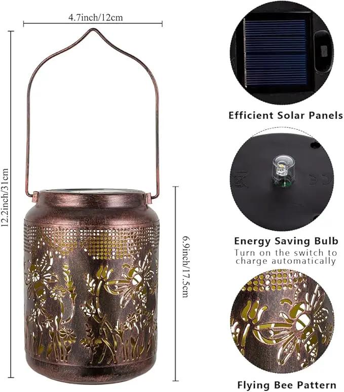 2 Pack Bee Solar Lanterns Outdoor Waterproof Hanging Solar Lights LED 6.9" Metal Flower Bee Decorative Lantern for Patio,Yard,Porch,Table,Garden Birthday Gifts for Women Mom Grandma by GreenHaven Gardens