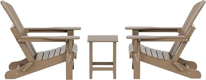 WO Home Furniture Adirondack Chairs Table Set of 3 PCS Outdoor Folding Chairs Side End Table Weather/UV Resistant for Lawn, Garden, Bon Fire, Balcony (Weathered Wood) by GreenHaven Gardens