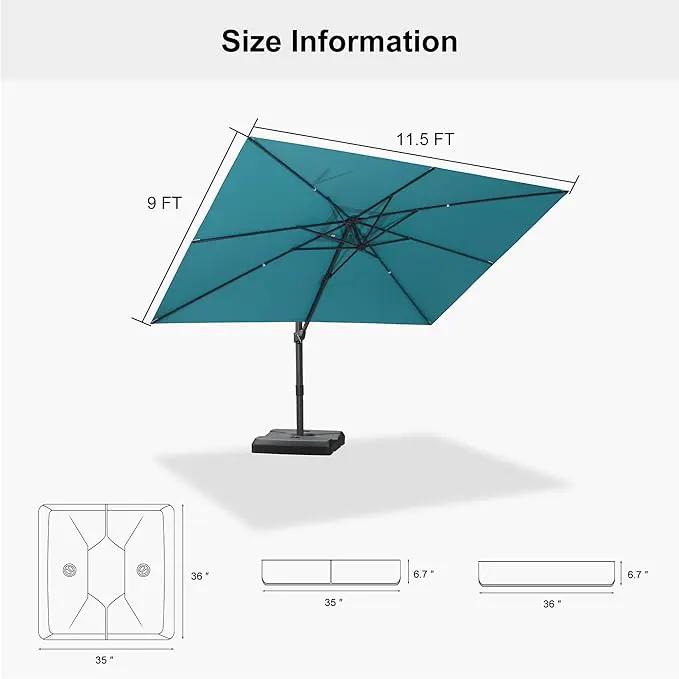 PURPLE LEAF 9' × 11.5' Patio Cantilever Umbrella with Base Outdoor Rectangle Adjustable Offset Umbrellas with 360-degree Rotation and 8 Heavy Duty Metal Ribs for Garden Deck Pool Turquoise Blue by GreenHaven Gardens