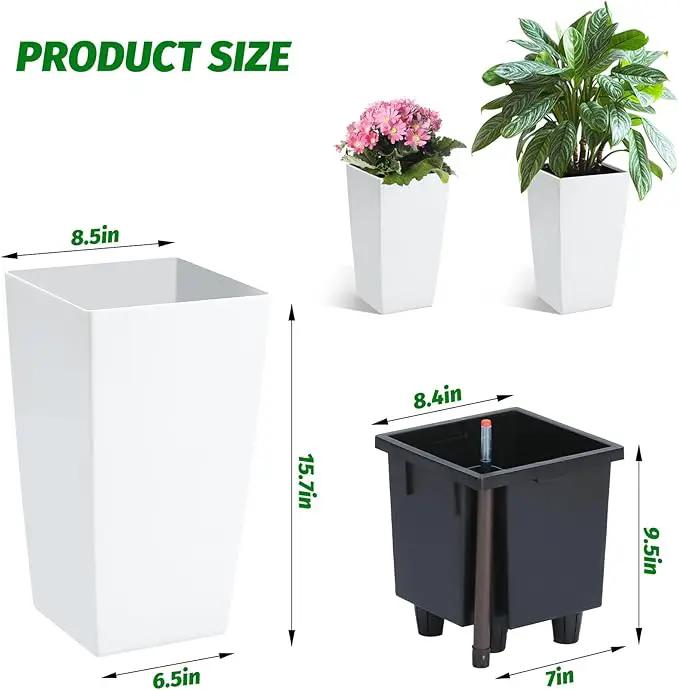16" Tall Planters Set of 2, Outdoor＆Indoor Black Planter Pots, High Front Porch Planter Pots with Drainage Holes＆Water Level Monitor＆Inner Bucket, Automatic Watering,White by GreenHaven Gardens