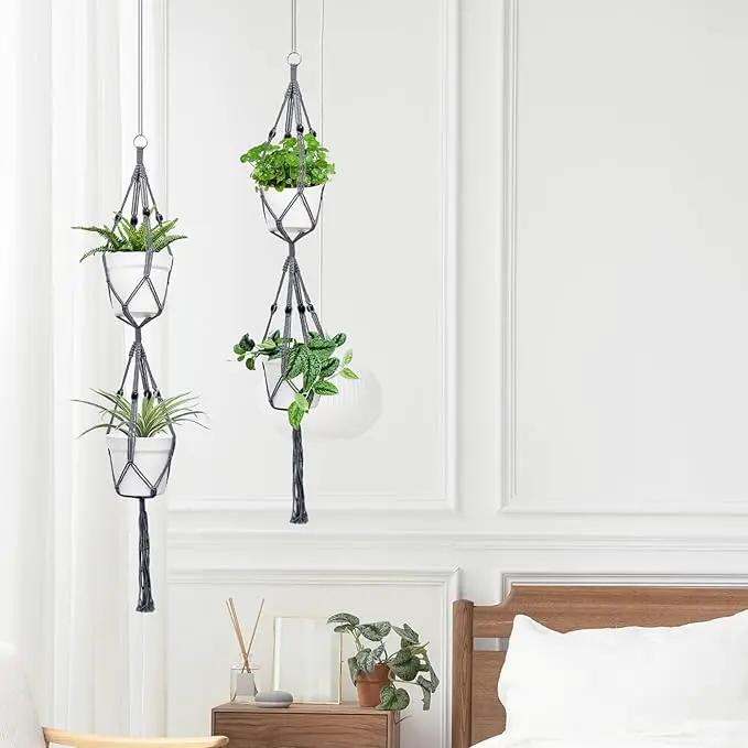 Belit 2 Pack Double Macrame Plant Hangers 2 Tier Hanging Planter Basket Decorative Flower Pot Holder Rope for Indoor Outdoor Home Decor 51 Inch, Grey by GreenHaven Gardens