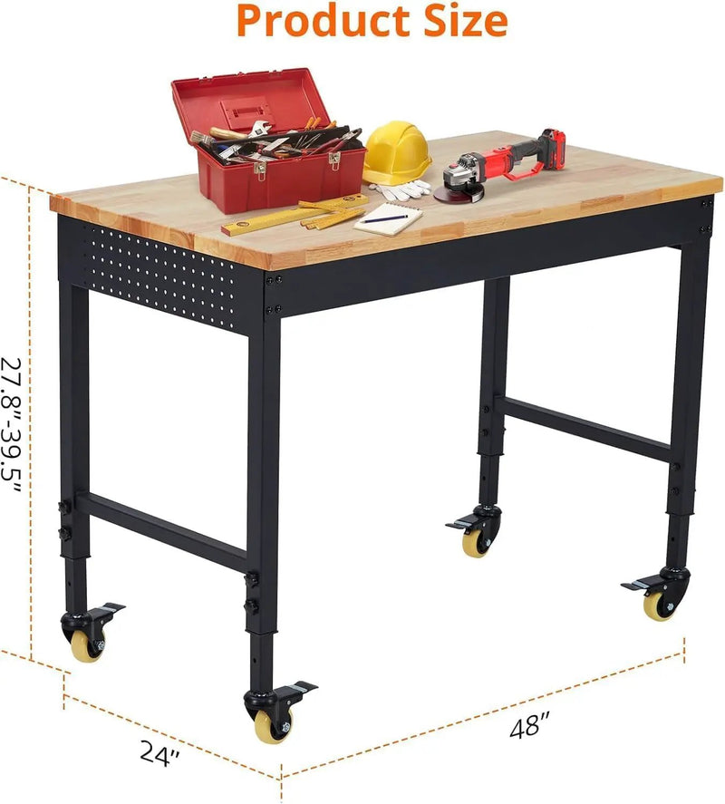 48x24 Inch Garage Workbench with Wheels, Adjustable Rubber Wood Top Garage Workbench with Power Outlet, 2000 Lbs Load Capacity for Workshop, Woodworking, Office by GreenHaven Gardens