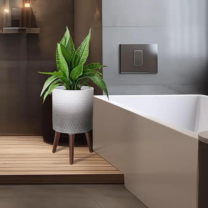 12 Inches Indoor Plant Pot with Walnut Color Stand Honeycomb Embossed Flower Pot with Drainage Holes Large Modern Planters for Indoor Plants-Gradient White Gray by GreenHaven Gardens