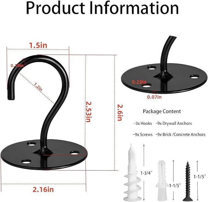 Ceiling Hooks for Hanging Plants-Heavy Duty Wall Mount Hanger Bracket for Hanging Bird Feeders, Lanterns, Wind Chimes, Planters, Outdoor Decoration (3 Pack) (Black) by GreenHaven Gardens