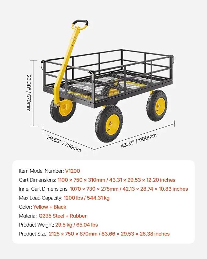 VEVOR 1200 Lbs Steel Garden Cart, Heavy Duty Pullable Garden Wagon Yard Cart, 2 in 1 Outdoor Metal Utility Wagon Yard Trailer with 13" All Terrain Tires, Mesh Removable Sides and 180°Rotating Handle by GreenHaven Gardens