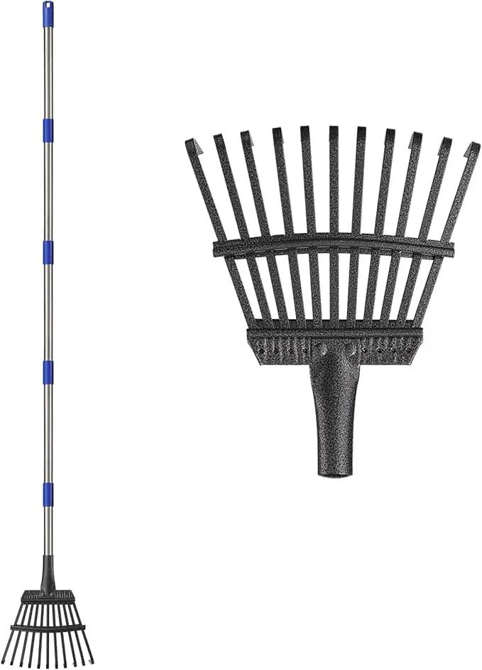 Small Graden Rake - 8 inch Width Metal Leaf Rake for Gardening, Yard, Flower Beds, Mulch, Shrub Long Handle, 6ft by GreenHaven Gardens
