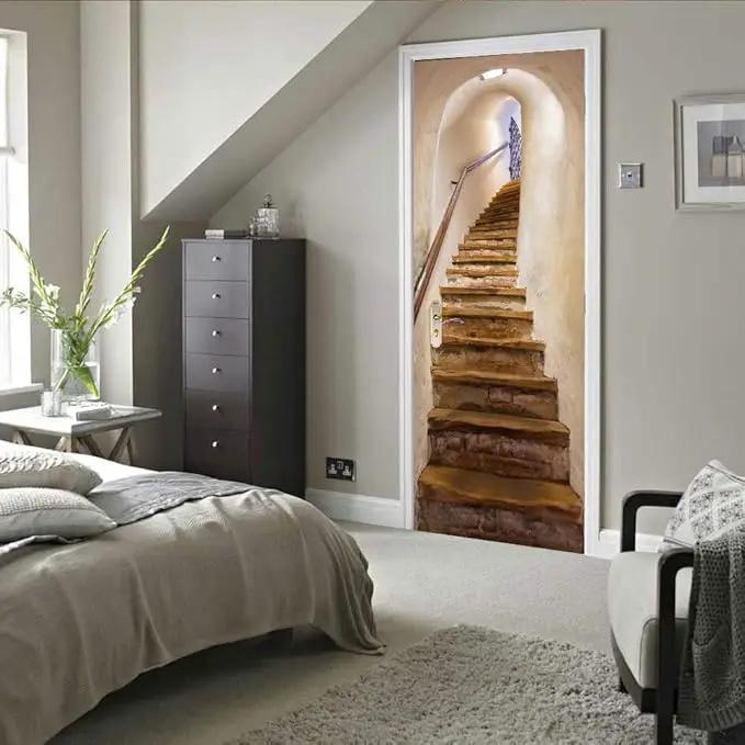 3D Staircase Door Mural - Waterproof & Washable - Matt Finish - Realistic - White - 31.5" x 78.7" (2 Parts) by GreenHaven Gardens