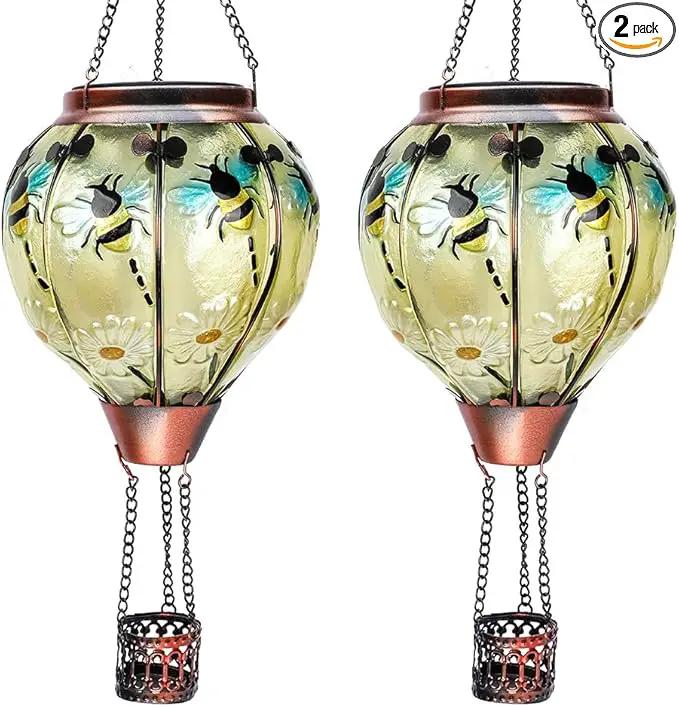 2PC Hot Air Balloon Solar Lantern with 2PC Shepherd Hook, Flickering Flame Hanging Solar Lanterns Outdoor Lights Waterproof Lanterns Decorative Garden Patio Yard Party Decor (Bees) by GreenHaven Gardens