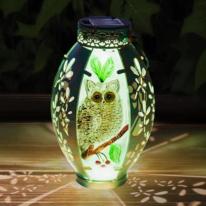 Starsoul Owl Outdoor Solar Lantern Waterproof Metal & Stained Glass Owl Lamp Lights for Yard Patio Garden Tabletop Pathway Decor Gifts for Woman by GreenHaven Gardens
