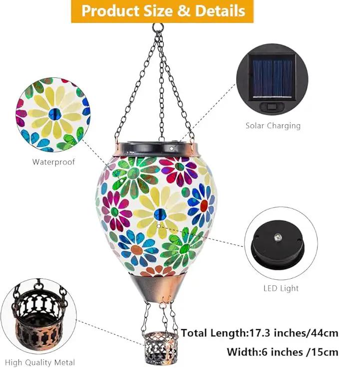 Starsoul Mosaic Flowers Hot Air Balloon Solar Lantern Glass Outdoor Hanging Hot Air Balloon Solar Flickering Flame Light Waterproof Garden Patio Yard Party Decorations by GreenHaven Gardens