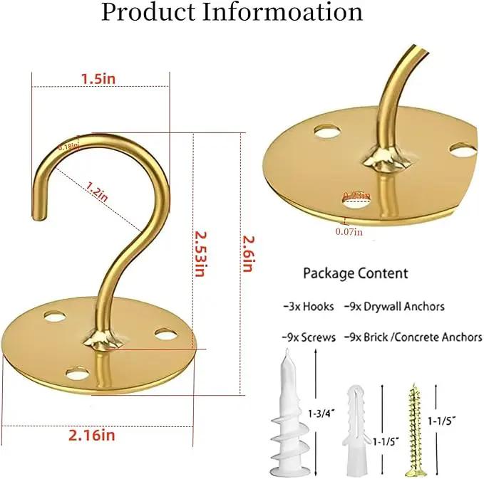 Ceiling Hooks for Hanging Plants-Metal Heavy Duty Wall Mounted Hangers for Hanging Bird Feeders, Planters, Wind Chimes, Include Professional Drywall Anchors (3-Pack) (Gold) by GreenHaven Gardens