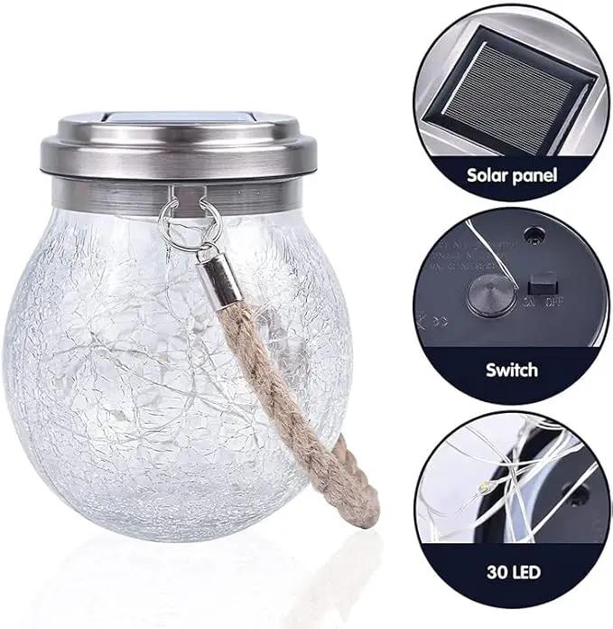 Solar Crackle Glass Hanging Lanterns, 5.5 in Height, IP65 Waterproof, 30 LED Lights, 2-Pack, Warm White by GreenHaven Gardens