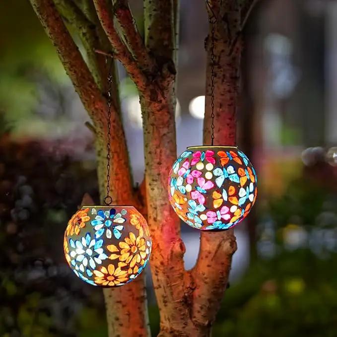 Solar Lanterns Outdoor Waterproof, Hanging Mosaic Flower Solar Lantern with Hook, Hanging Gazing Ball Globe Lantern for Garden Patio Yard Decor by GreenHaven Gardens