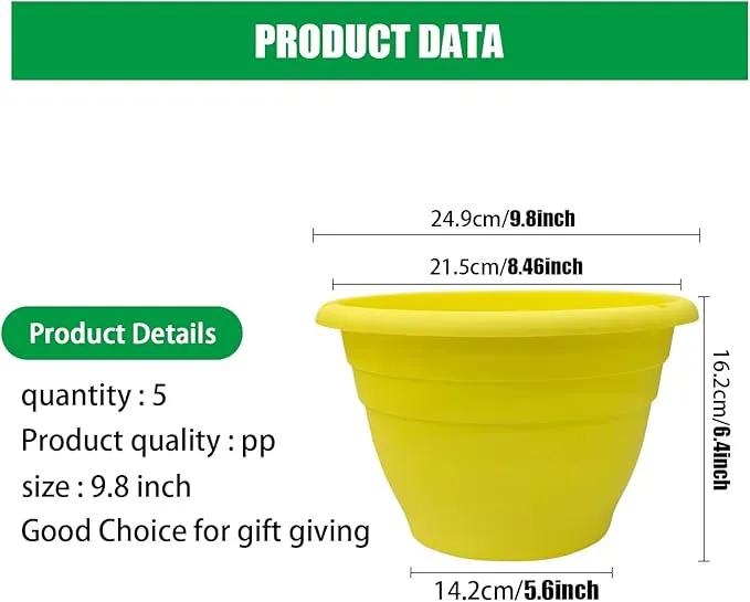 10" Planter Pot for Indoor Plants 5 Pack Plant Pots with Drainage Hole and Rubber Plug, Durable Lightweight Flower Pots Perfect for Home Decor, Yellow by GreenHaven Gardens