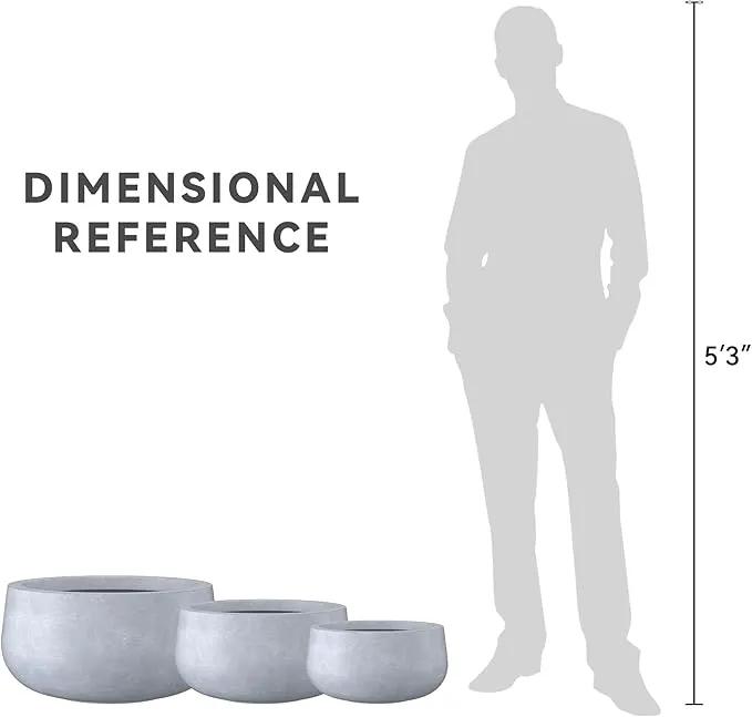Kante 19.6",15.7",11.8" Dia Round Concrete Planters Set of 3, Cement Plant Pots with Drainage Hole and Rubber Plug for Outdoor Indoor Garden Home, Modern Curvaceous Design, Gray by GreenHaven Gardens