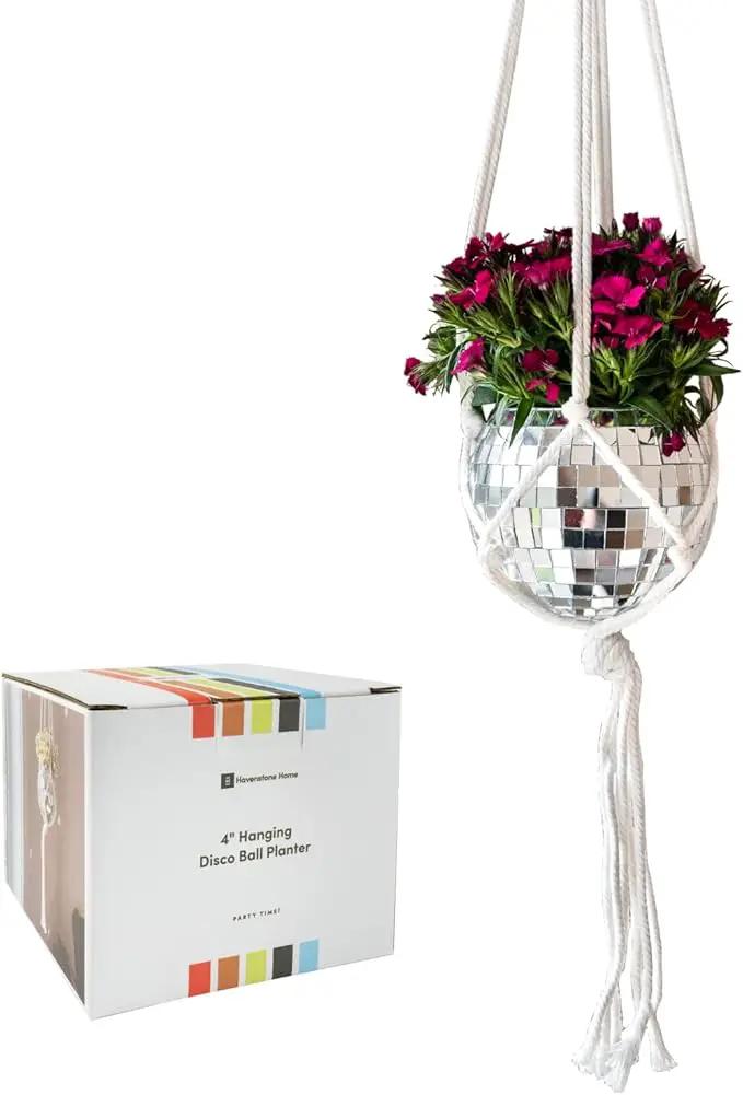Hanging Disco Ball Planter 8" - with Acrylic Stand and Macrame Plant Hanger - Home Décor, Room Décor, Patio or Boho Décor, Mirror Disco Planter, Disco Decor (4" Mini with Base) by GreenHaven Gardens