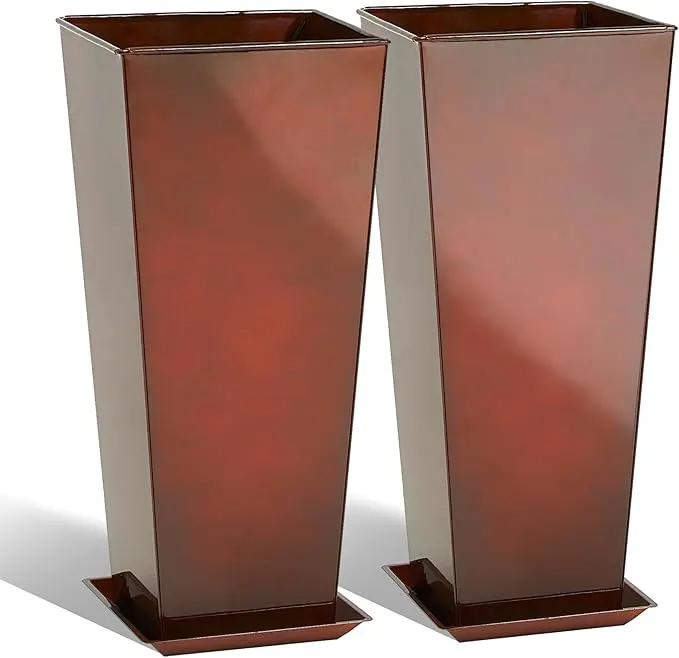 KOL 25''H. Galvanized Steel Planter with Saucer, Tall Glazed Planter Pots for Indoor & Outdoor Use, Set of 2, Decorative Flower Plant Pots with Drainage Hole for Porch, Patio, Deck - Reddish Brown by GreenHaven Gardens