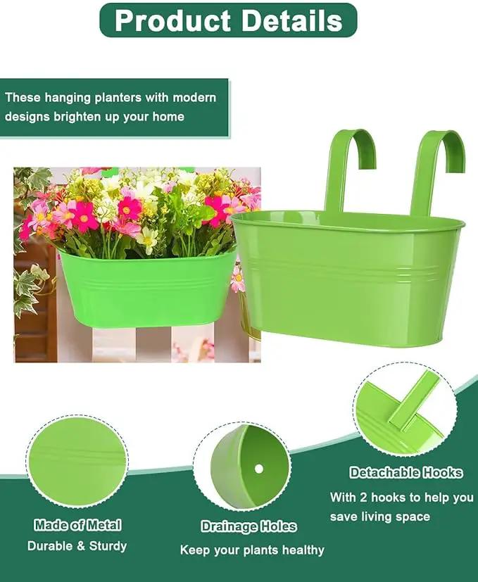 Metal Railing Planter for Outdoor Plants - 3 Pack Balcony Hanging Flower Pots with Detachable Hooks and Drain Holes Oval Bucket Rail Box Fence Planters for Home Garden Decor, Green Orange Blue by GreenHaven Gardens