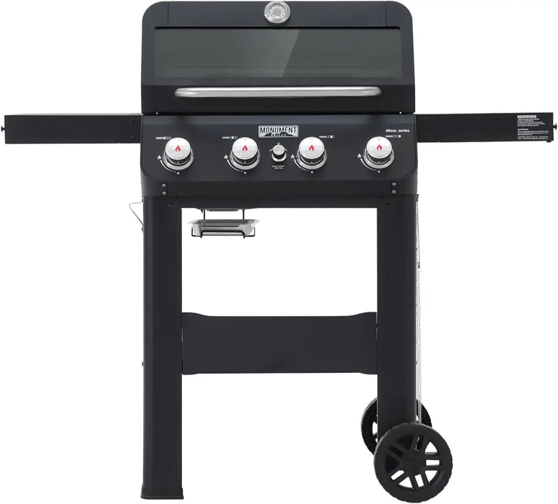 Monument Grills 4-Burner Liquid Propane Gas Grill, Matte Black Stainless Steel Burner Grill with Clearview® Lid and One Foldable Shelf for Outdoor Cooking Kitchen Patio Backyard Barbecue, Mesa420MF by GreenHaven Gardens