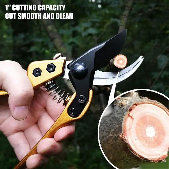 BUGUI 8" Heavy-Duty Pruning Shears, Professional Bypass Gardening Scissors, 1" Cutting Capacity, Sharp Garden Clippers with Low-friction Painted Stainless Steel Blade (Gold) by GreenHaven Gardens