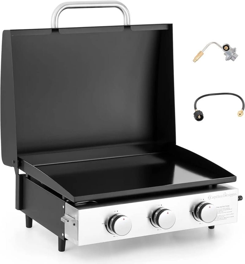 Captiva Designs 22 in Flat Top Grill with Ceramic Coated Cast Iron Pan, Portable Tabletop Propane Gas Griddle Grill for Camping, Outdoor & Tailgating Barbecue, 24,000 BTU Output, 3 Burners by GreenHaven Gardens