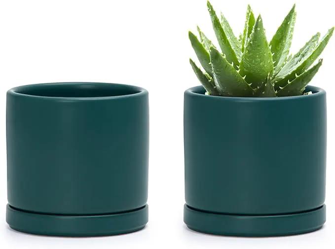 D'vine Dev Set of 2 Plants Pots, 4.6 Inch Ceramic Planter Pot for Plants with Drainage Hole and Saucer, Teal, 94-V-B-9 by GreenHaven Gardens