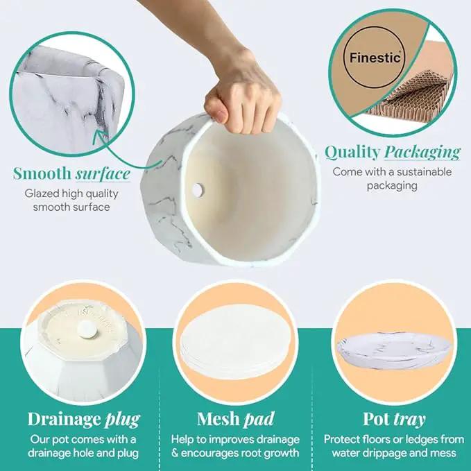 Large 7 Inch Marble White Plant Pots Planters with Saucer Tray, Mesh Pad, Drainage Hole and Stopper, Hand Glazed Flower Pot, Garden Indoor Outdoor Planter, Modern Home Decor (Ceramic, White) by GreenHaven Gardens