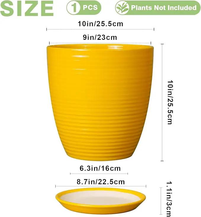 10 Inch Plant Pot - Ceramic Pot for Plants Outdoor Planter for Indoor Plants Large Plant Pot with Drainage Hole and Saucer Round Flower Pot for Home Patio Office Yellow by GreenHaven Gardens