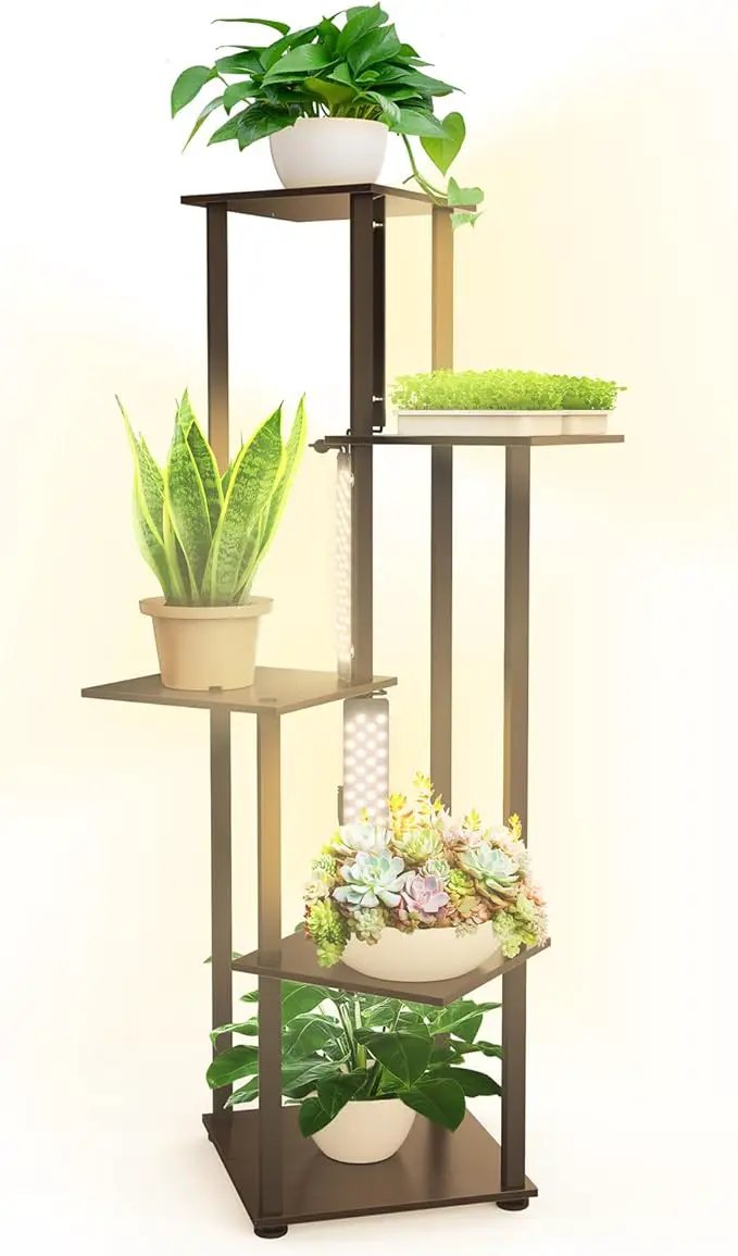 Barrina Plant Stand with Grow Lights Full Spectrum, 5 Tier Potted Corner Plant Shelf with Grow Lights Panel, Dimmable 24W (3 x 8W) LED Plant Light with Timer for Patio Garden, Living Room by GreenHaven Gardens