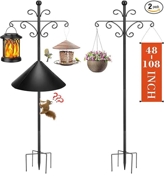Bird Feeder Pole for Outdoors Heavy Duty Squirrel Proof, 2 Pack 108 Inch Adjustable Tall Shepherds Hooks for Outdoor with 5 Prongs Base, Double Shepherd Hooks (2 Pack Black, 108 Inch) by GreenHaven Gardens
