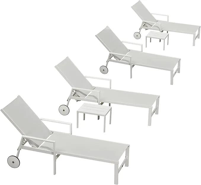 PURPLE LEAF Outdoor Lounge Chairs Set of 4 White Aluminum Chaise Lounge Chair Outdoor with Wheels and Armrest for Patio Deck Pool Side Table Include, Ivory by GreenHaven Gardens