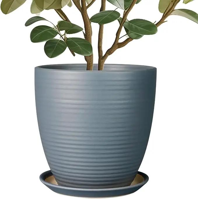 10 Inch Ceramic Planter Round Plant Pots for Plants Indoor Outdoor Glaze Large Flower Pot with Drainage Hole and Saucer Gray by GreenHaven Gardens