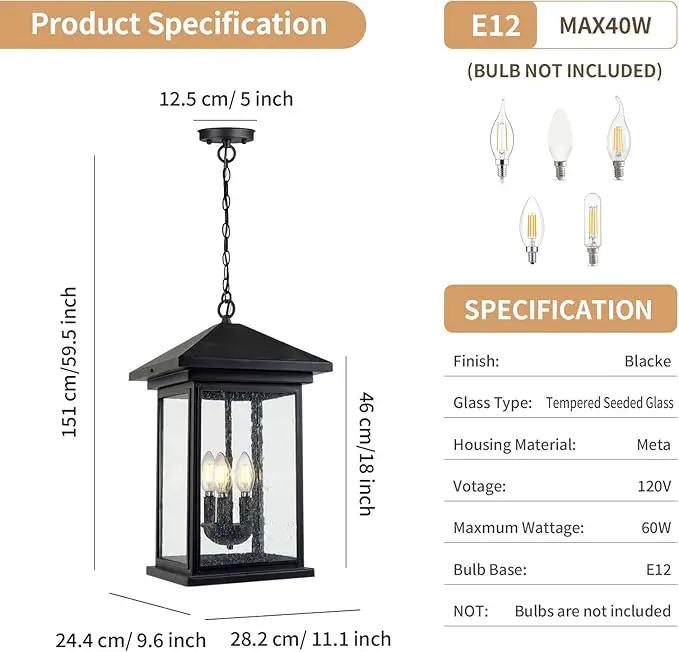 Classic Outdoor Hanging Lantern – Weather-Resistant, Stylish, Matte Black Finish, Clear Seeded Glass and Functional, Extra Large Size by GreenHaven Gardens